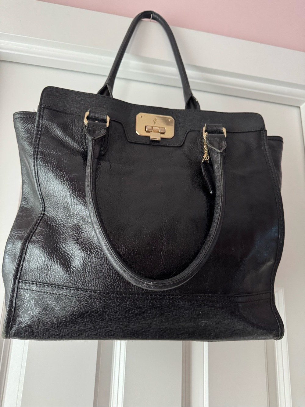 Cole Hahn Black Leather Tote Bag with Gold Hardware - Classic Workday Carryall